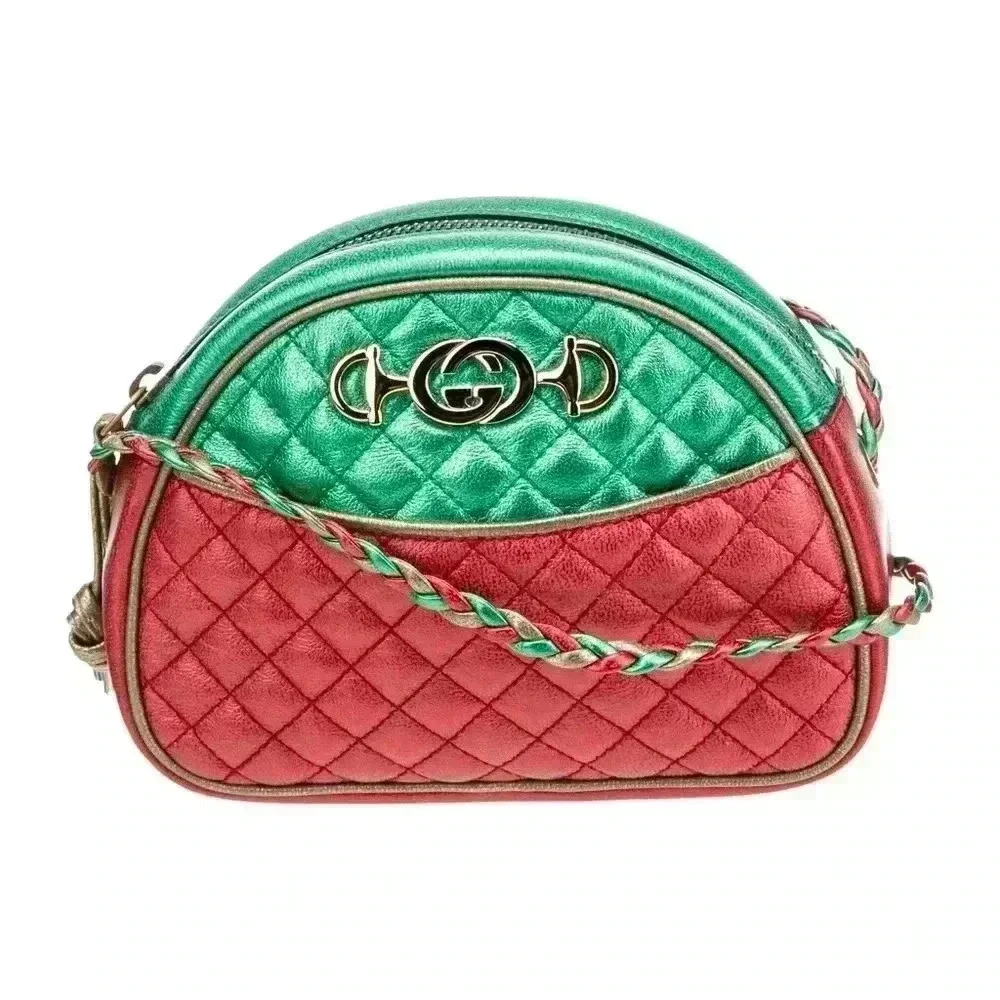 Laminated Nappa Trapuntata Mini Zumi Dome Shoulder‎ Bag Rosso Jasmine Green Rame